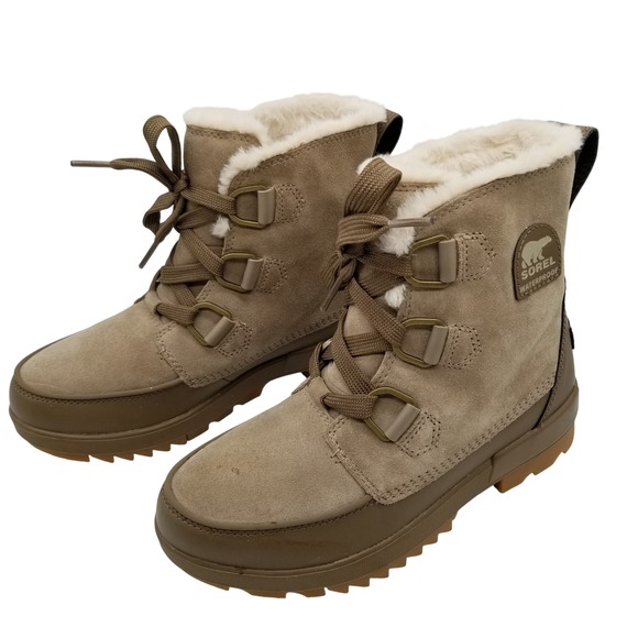 Sorel Shoes - SOREL Lennox STLT Lace Boots Women 8 Khaki Waterproof Faux Fur Suede NL3425-297